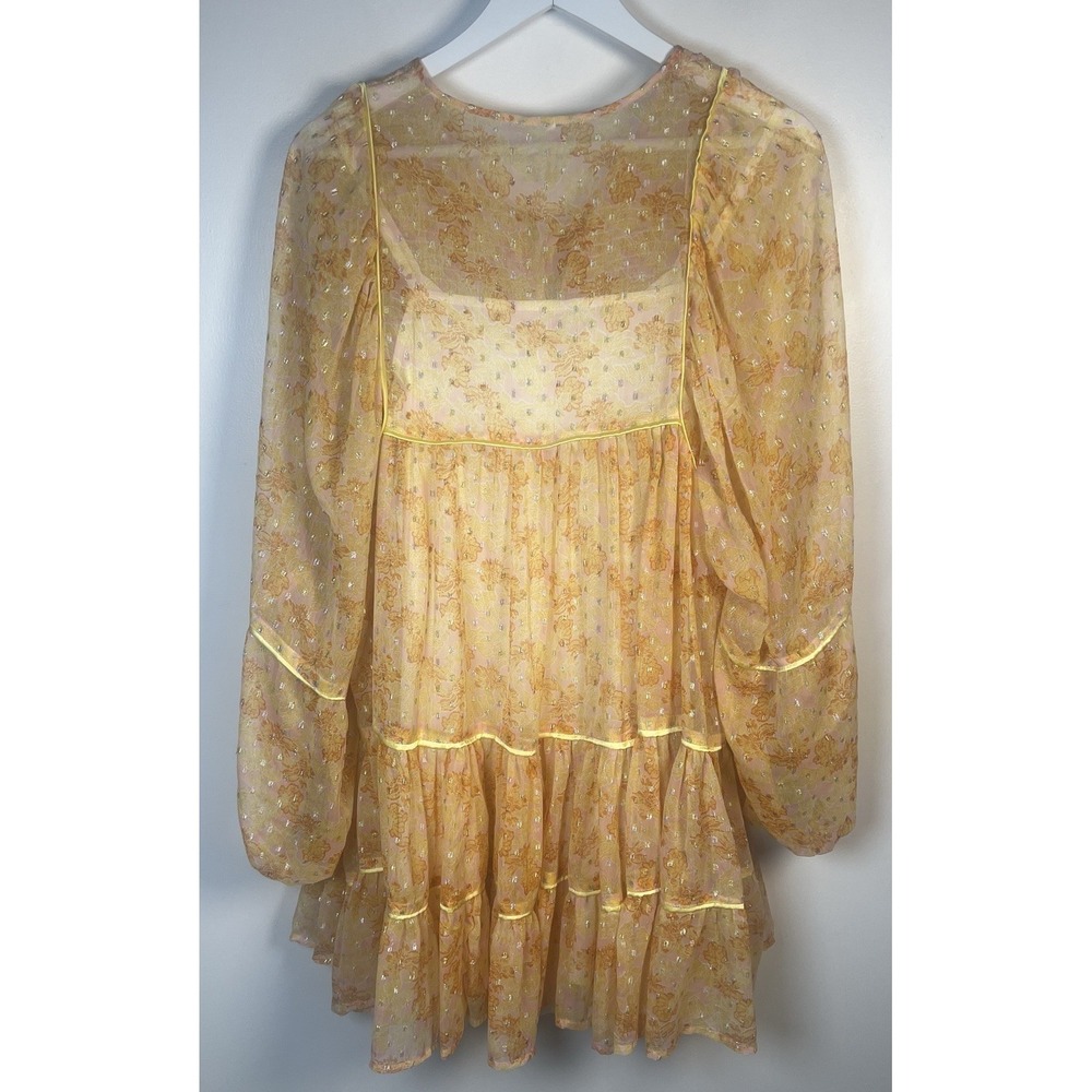 Free People Summers Orange Metallic Sheer Floral Tassel Festival Swing Dress Med - Picture 5 of 13